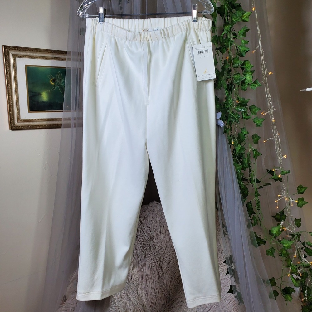 Dana B & Karen‎ Pants Crop Size L Ivory Cotton Elastic Waist Tapered Leg NWT $88